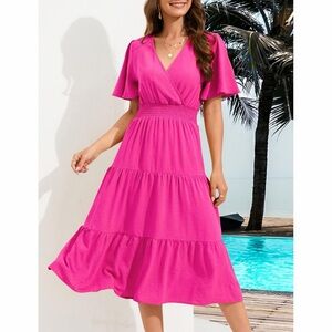 Women's V-Neck Flutter Sleeve Tiered Midi Dress - Hot Pink